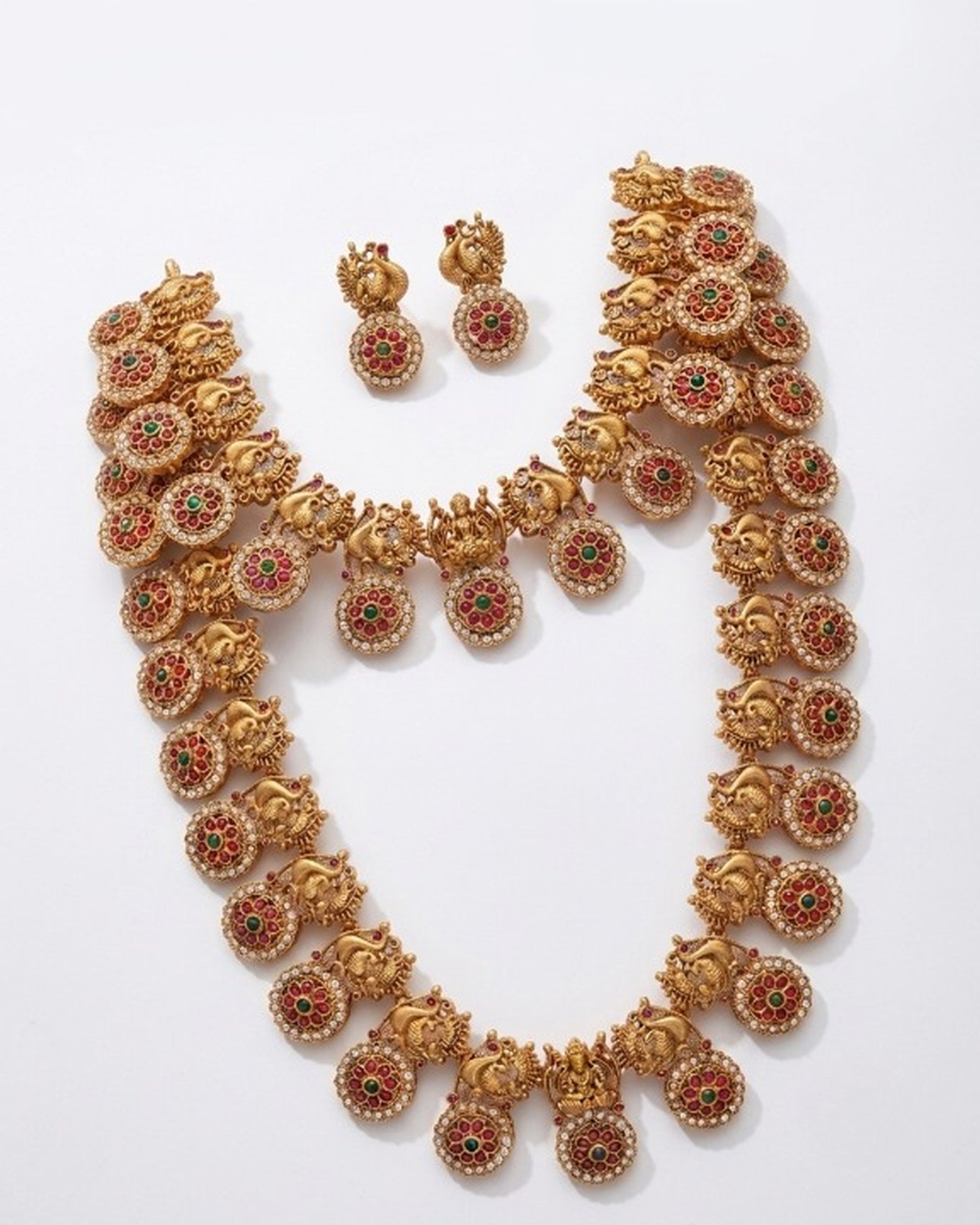Jewel City Gold Plated South Indian Temple Jewelry Set - Matte Finish Long Haram - Dista