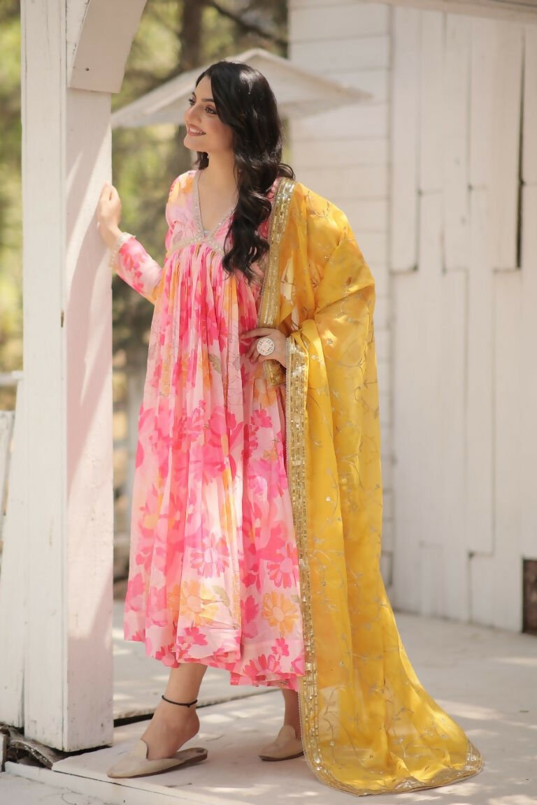 Aastha Fashion Women's Pink Russian silk Digital Printed Gown with Dupatta - Distacart