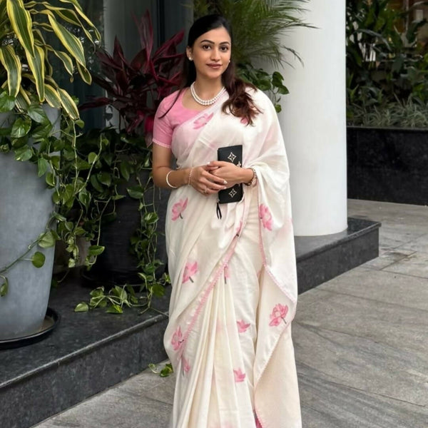 Prime Volt Women's Cream Floral Digital Print Soft Linen Saree With Lace Border & Blouse - Distacart