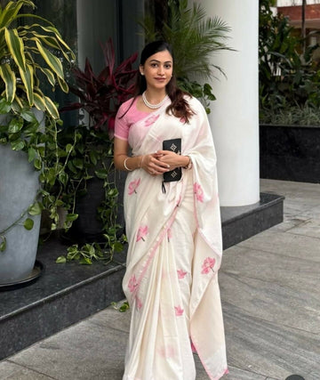 Prime Volt Women's Cream Floral Digital Print Soft Linen Saree With Lace Border & Blouse - Distacart