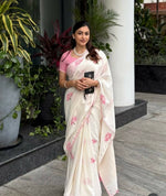 Thumbnail for Prime Volt Women's Cream Floral Digital Print Soft Linen Saree With Lace Border & Blouse - Distacart