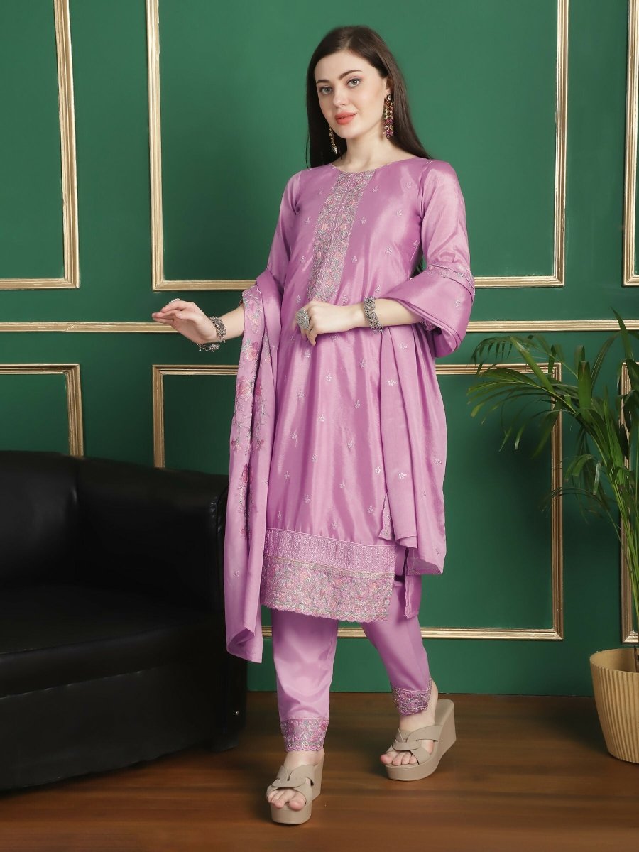 Aastha Fashion Women's Pink Chinon Chiffon Floral Embroidery with Cording & Crystal Work Designer Straight Suit Set - Distacart