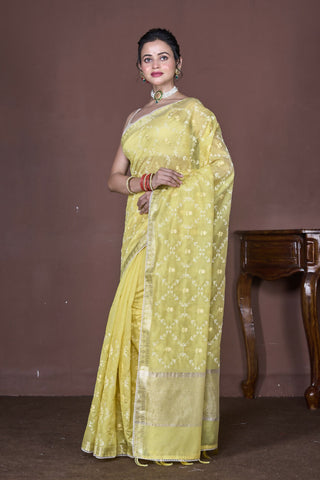 Morchari Yellow Cotton Chanderi Embroidery Saree Unstitched Blouse
