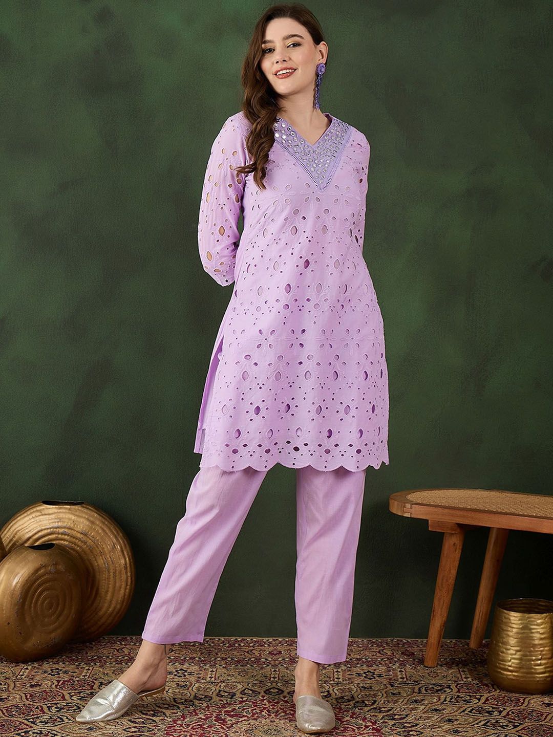 Sangria Embroidered Pure Cotton Kurta & Trousers - Distacart