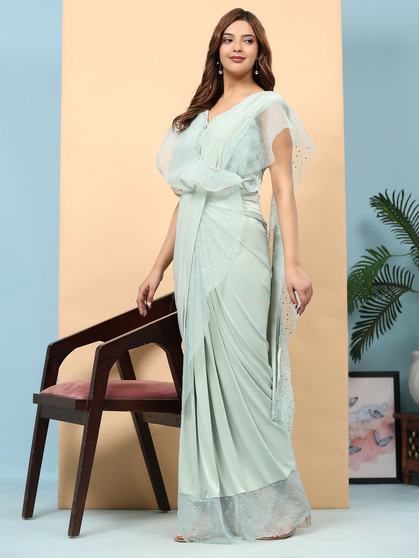 Light Blue Lycra Solid Ready to Wear Saree with stitched Blouse - Nita - Distacart