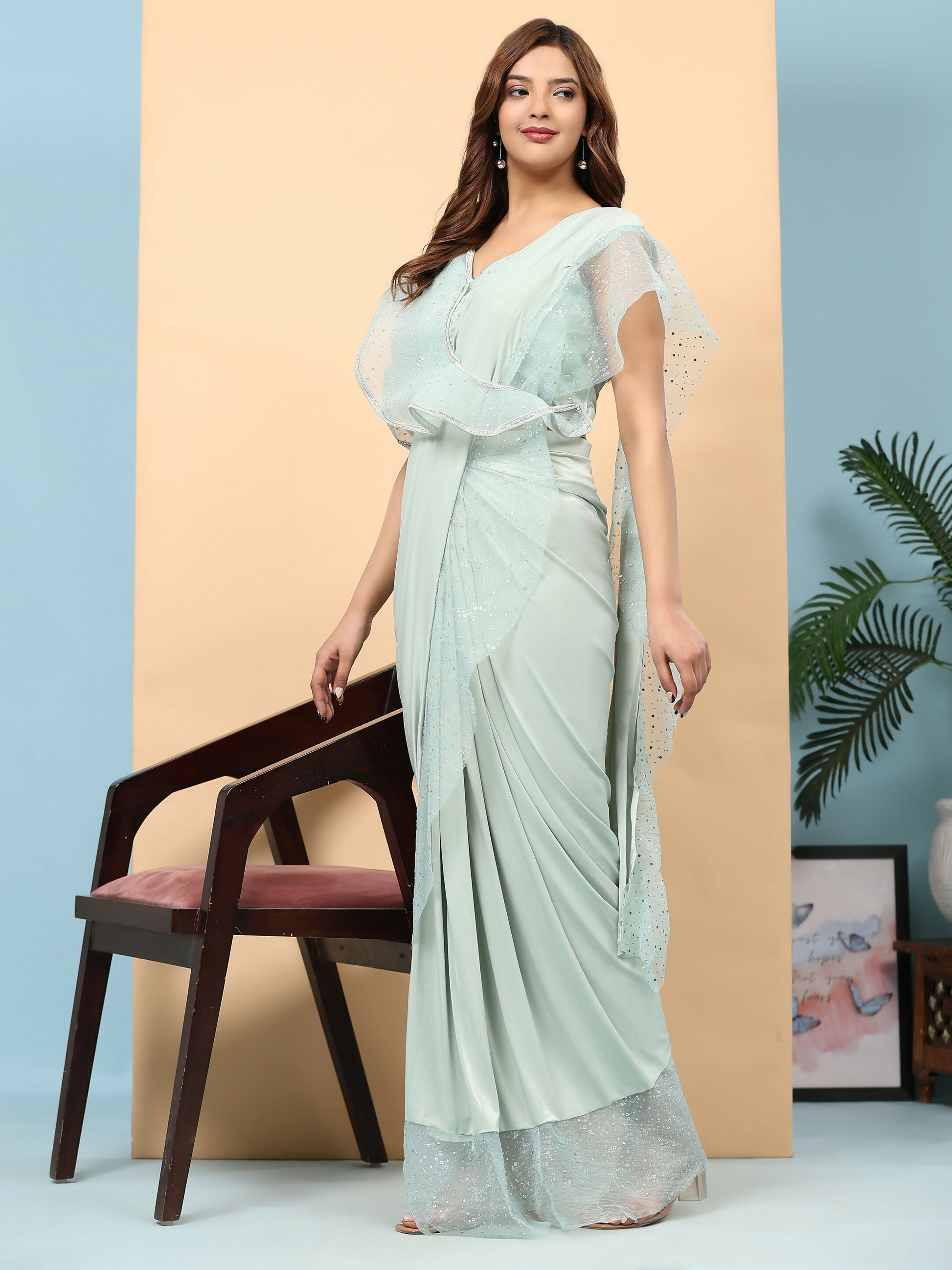 Light Blue Lycra Solid Ready to Wear Saree with stitched Blouse - Nita - Distacart