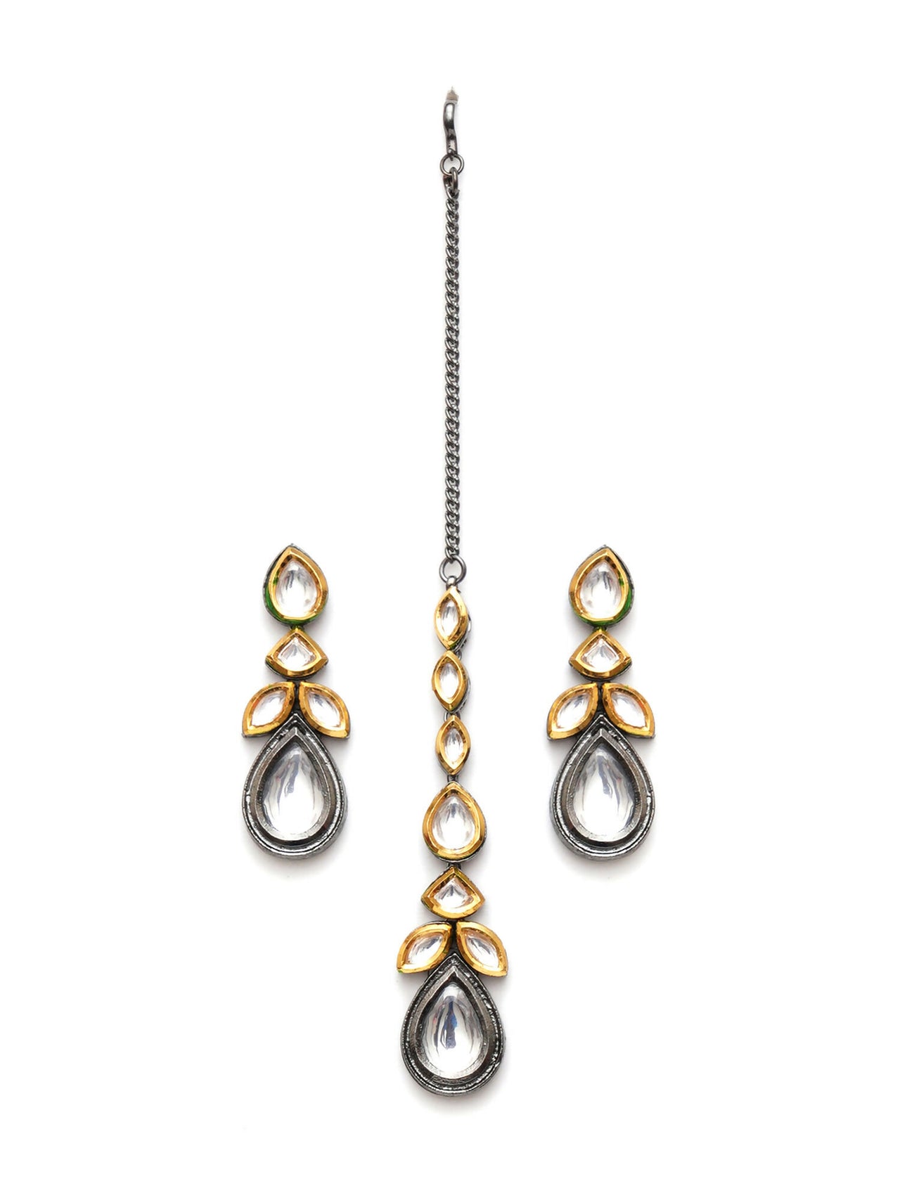 Dual Tone Kundan Maang Tikka with Earrings Jewellery Set (silver) - Ruby Raang - Distacart