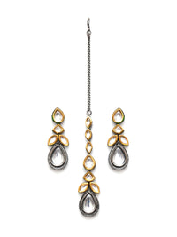 Thumbnail for Dual Tone Kundan Maang Tikka with Earrings Jewellery Set (silver) - Ruby Raang - Distacart