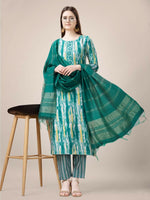 Thumbnail for Jyoti Fashion Women's Teal Rayon Print with Embroidery & Fancy Lace Work Kurta with Trouser & Dupatta - Distacart