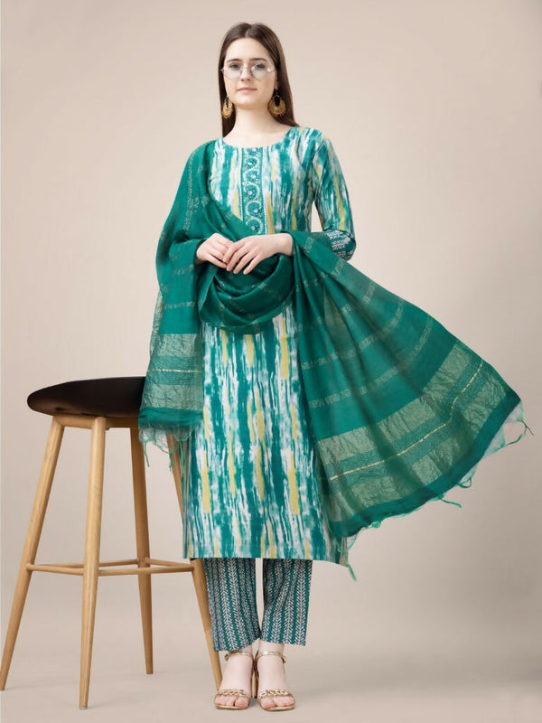 Jyoti Fashion Women's Teal Rayon Print with Embroidery & Fancy Lace Work Kurta with Trouser & Dupatta - Distacart