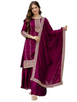 Thumbnail for The52 Wine Beautiful Embroidered Vichitra Silk Fabric Straight Kurta, Palazzo and Dupatta Set - Distacart