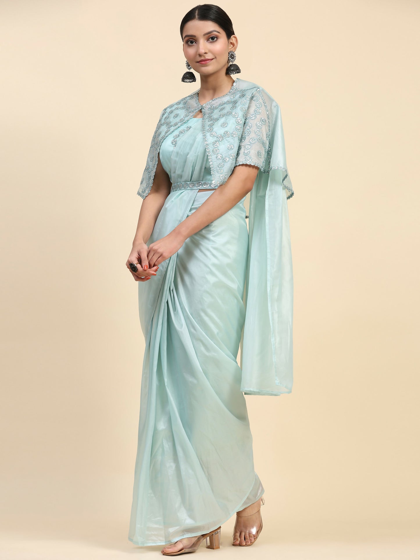 Blue Satin Solid Ready to wear Saree with stitched Blouse - Vanita - Distacart