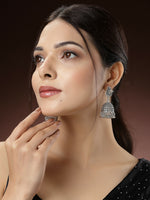 Thumbnail for NVR Women's Silver-Toned Peacock Design German Silver Oxidised Dome Shaped Jhumka Earrings - Distacart