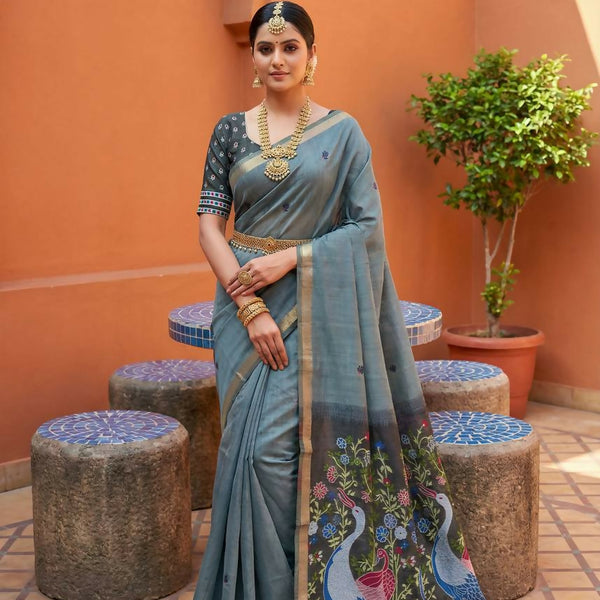 Vastranavya Grey Muga Cotton Meenakari & Azarakh Pallu Saree with Contrast Blouse - Distacart