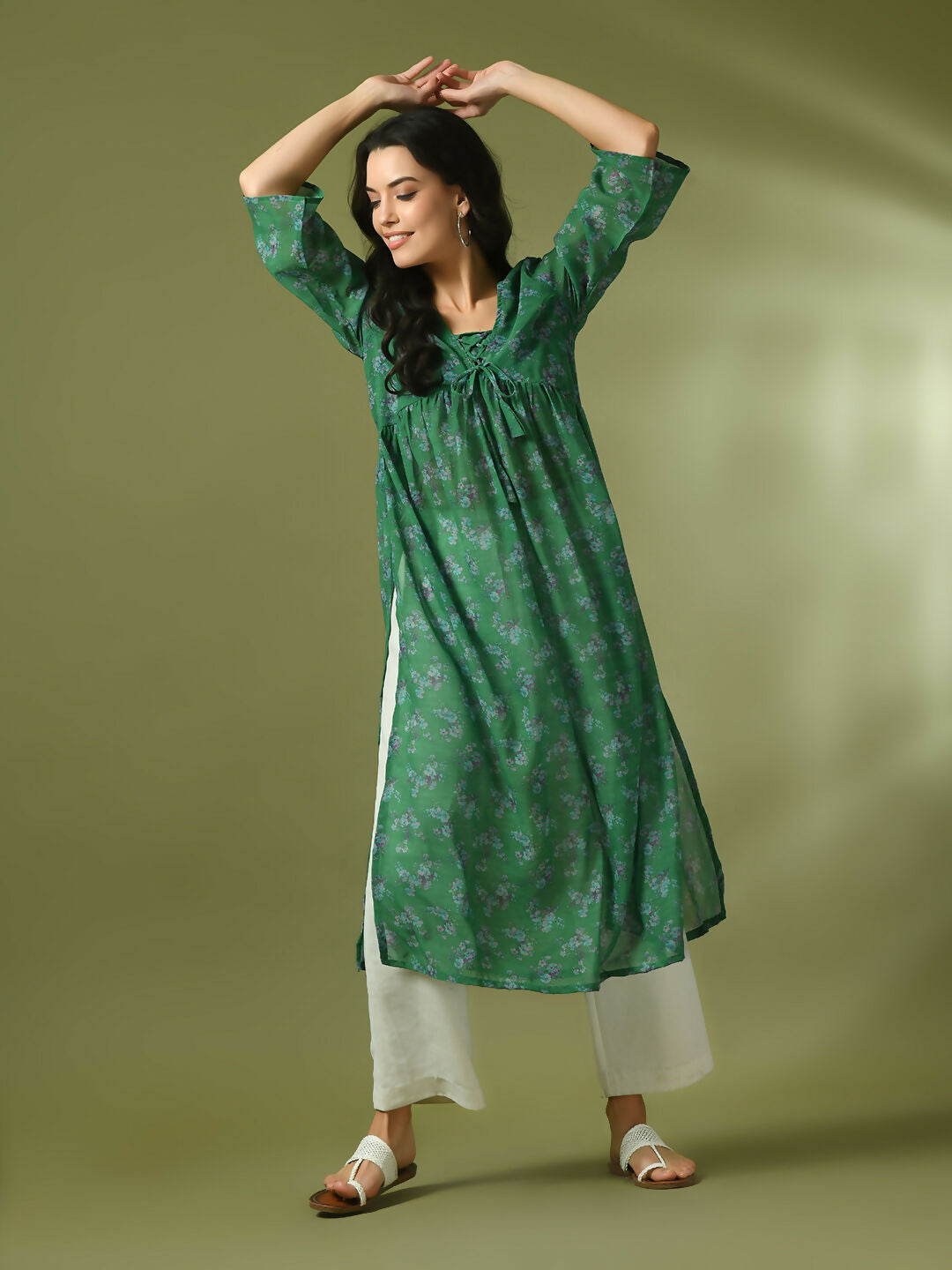Myshka Women's Green Printed Georgette A-Line Nyra-cut Kurta - Distacart