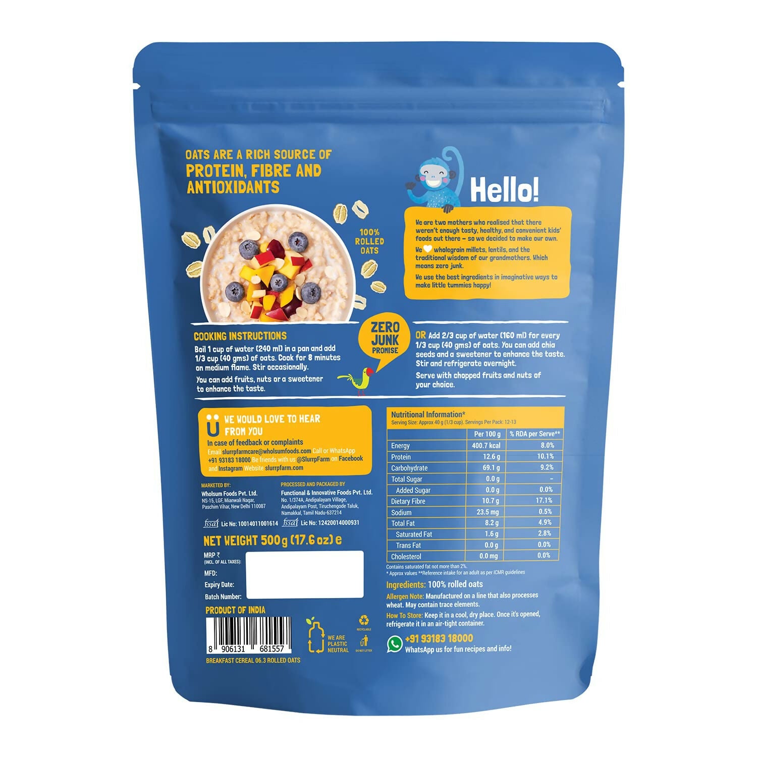 Slurrp Farm Rolled Oats (Jumbo Rolled) No Added Sugar - Distacart