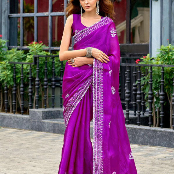 Vastranavya Purple Embroidery Work Shimmer Chiffon Saree with Unstitched Blouse