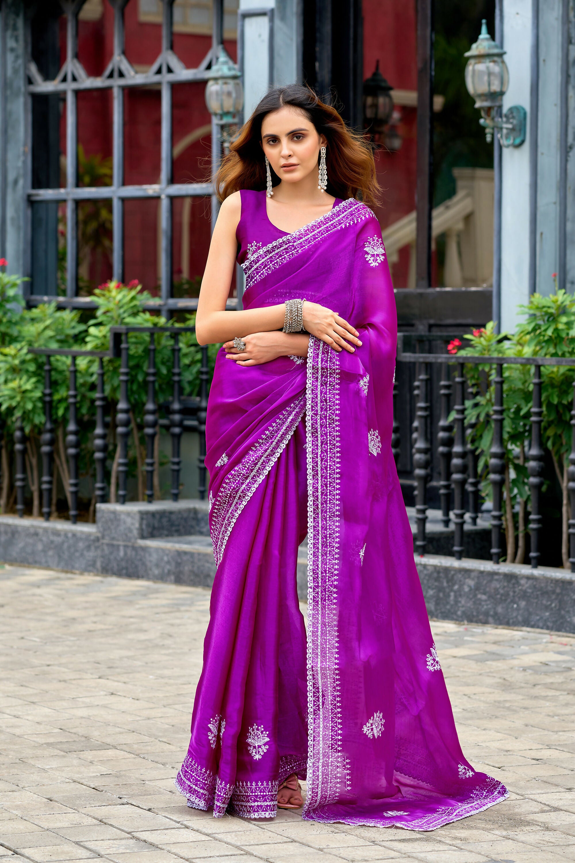 Vastranavya Purple Embroidery Work Shimmer Chiffon Saree with Unstitched Blouse - Distacart