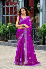 Thumbnail for Vastranavya Purple Embroidery Work Shimmer Chiffon Saree with Unstitched Blouse