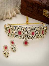 Thumbnail for NVR Women's Set of 2 Red & Gold Kundan Studded Jewellery Set Choker & Long Necklace With Earrings - Distacart