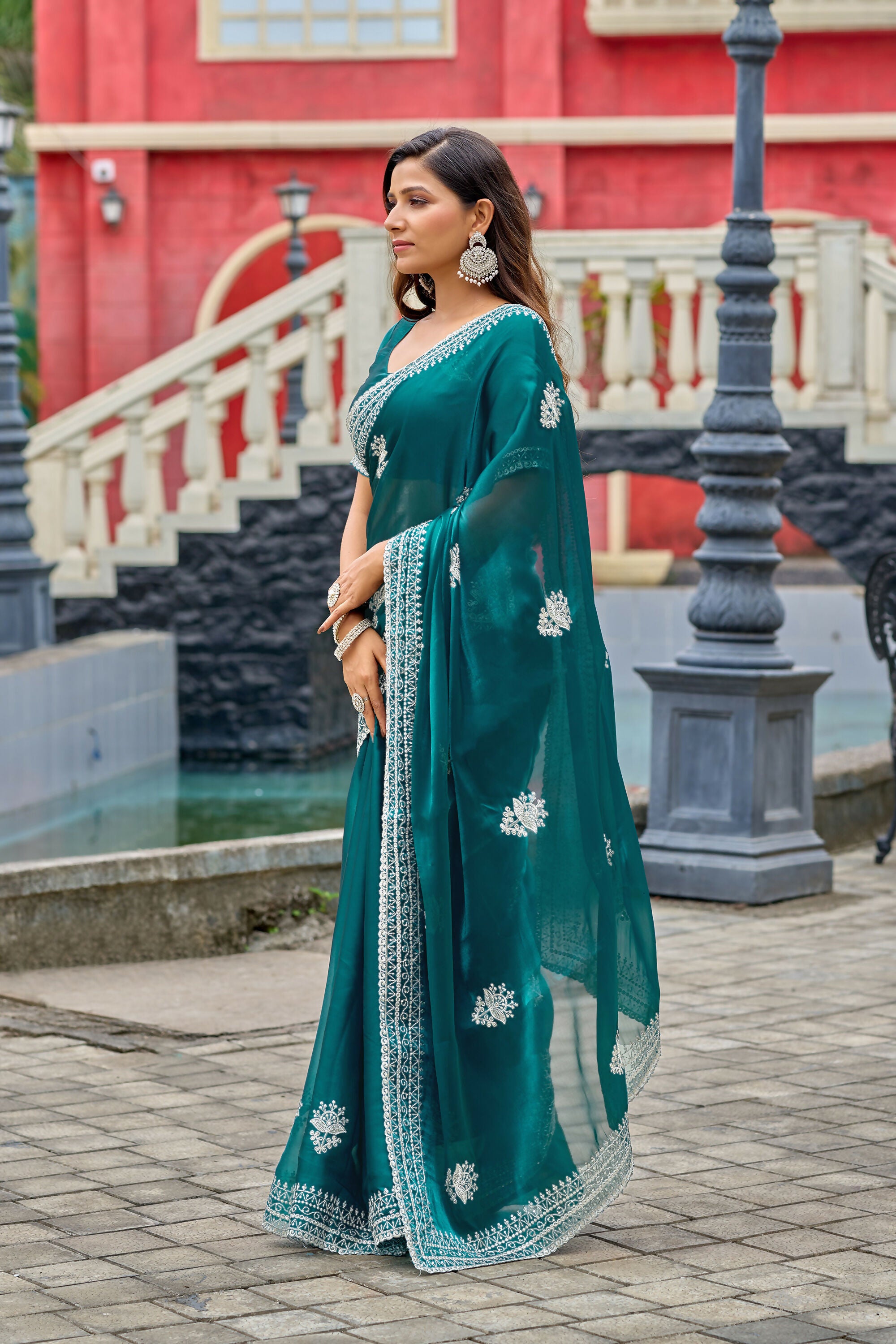 Vastranavya Rama Embroidery Work Shimmer Chiffon Saree with Unstitched Blouse