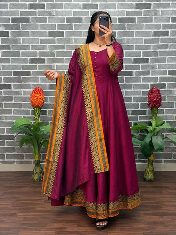 Teeya Creation New Trendy Stylish Wine Solid Anarkali Kurta with Traditional Golden Border Dupatta Set - Dista