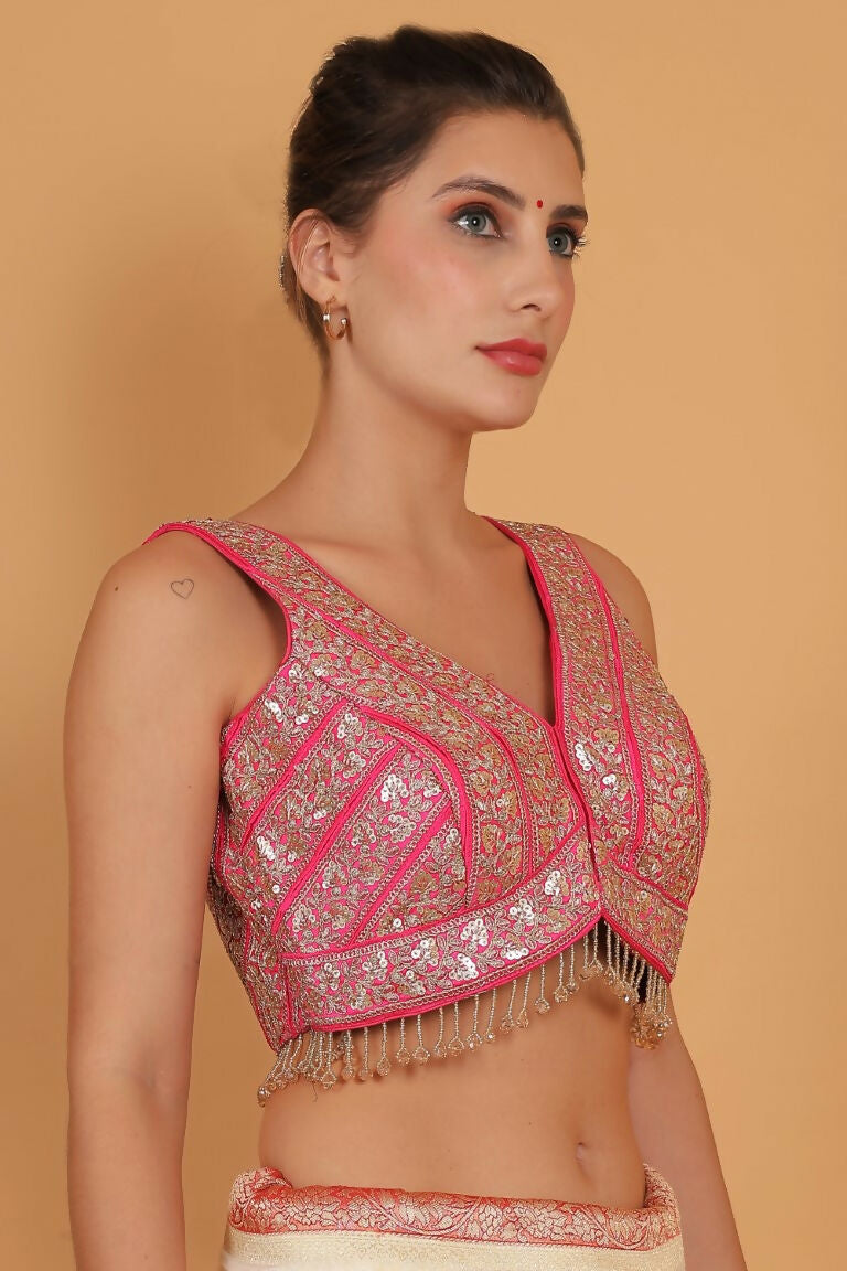Joban Fashion Silk Zari And Sequence Work Padded Blouse - Hot Pink