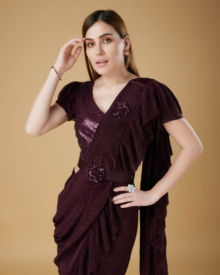 Wine Imported Crush Solid Ready to Wear Saree with stitched Blouse - Aayan - Distacart