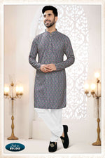 Thumbnail for Joban Fashion Men's Blue Straight Rayon Thread And Sequence Embroidery All Over Kurta Set - Distacart