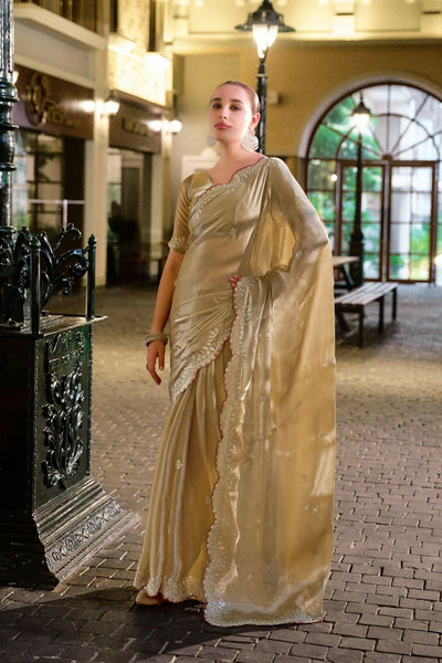 Vastranavya Beige Embroidery Work Shimmer Chiffon Saree with Unstitched Blouse
