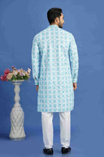 Thumbnail for Raivat Ethnic Cotton Embroidery Kurta Pajama In Sky Blue Colour - Dista
