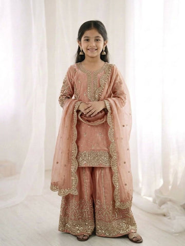 Teeya Creation New Trendy Fully Stitched Ready to Wear Kids Kurta Palazzo Set-Pink - Dista