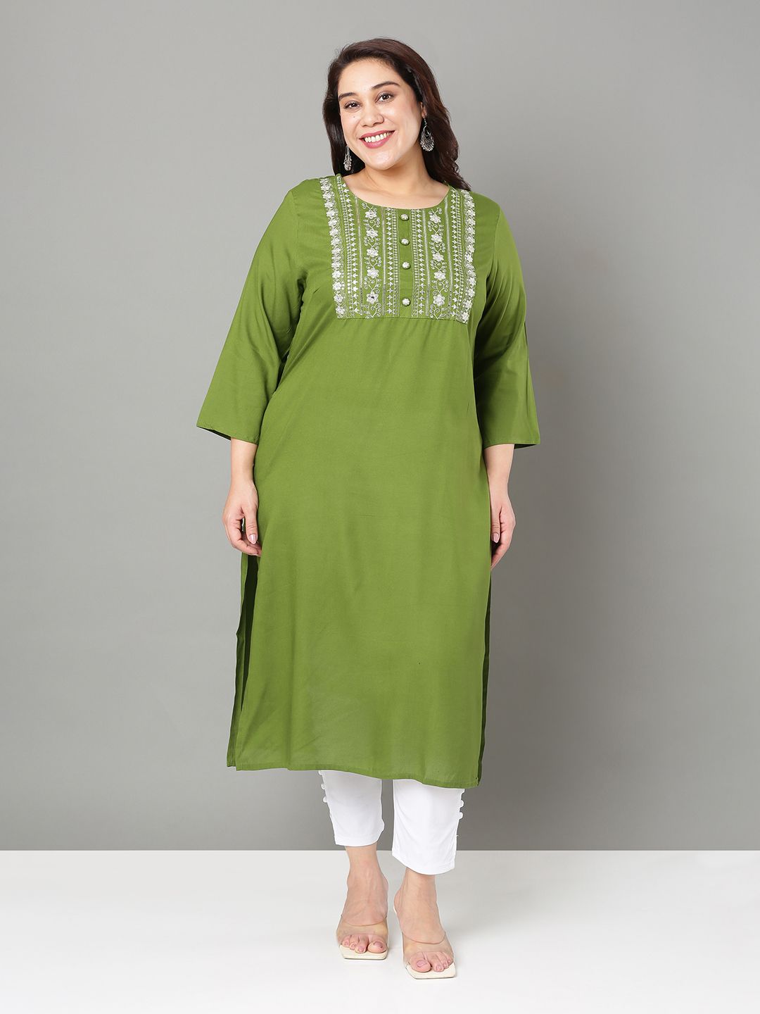 Sztori Plus Size Floral Yoke Design Mirror Work Straight Kurta - Distacart