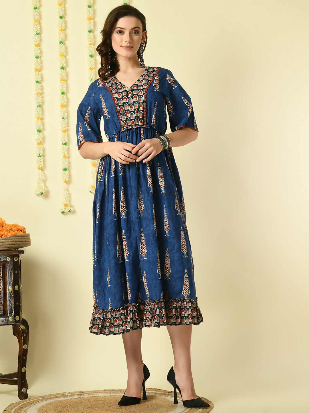 Myshka Women's Blue Printed Cotton Party Dress - Distacart