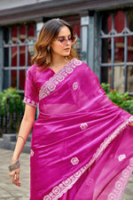 Thumbnail for Vastranavya Pink Embroidery Work Shimmer Chiffon Saree with Unstitched Blouse