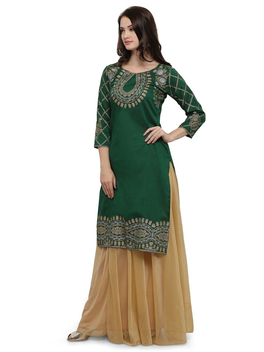 Ahalyaa Women's Green Poly Silk Gold Foil Print Kurta