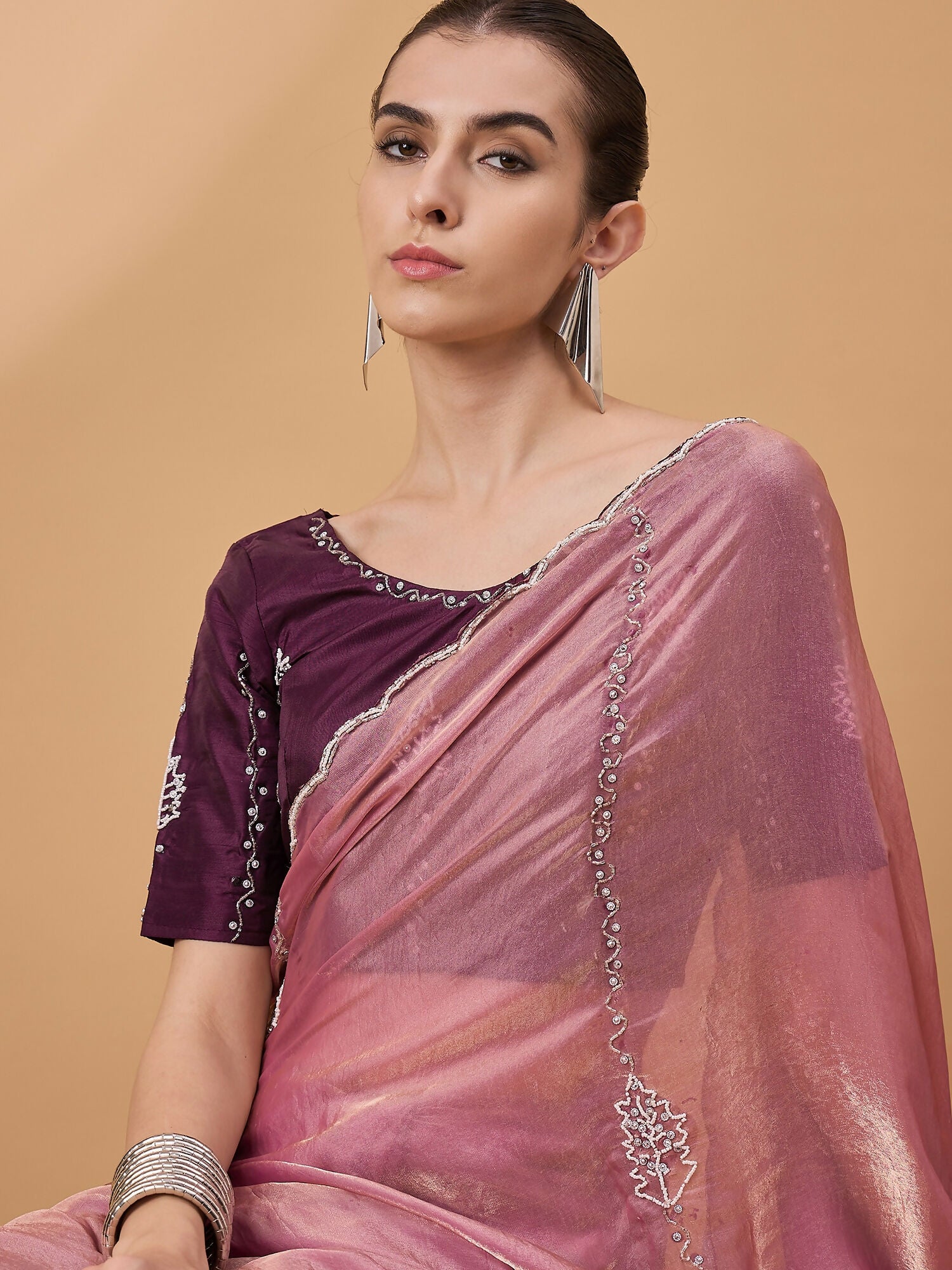 Pink Muslin Embroidered Saree with Unstitched Blouse Piece - Satya - Distacart