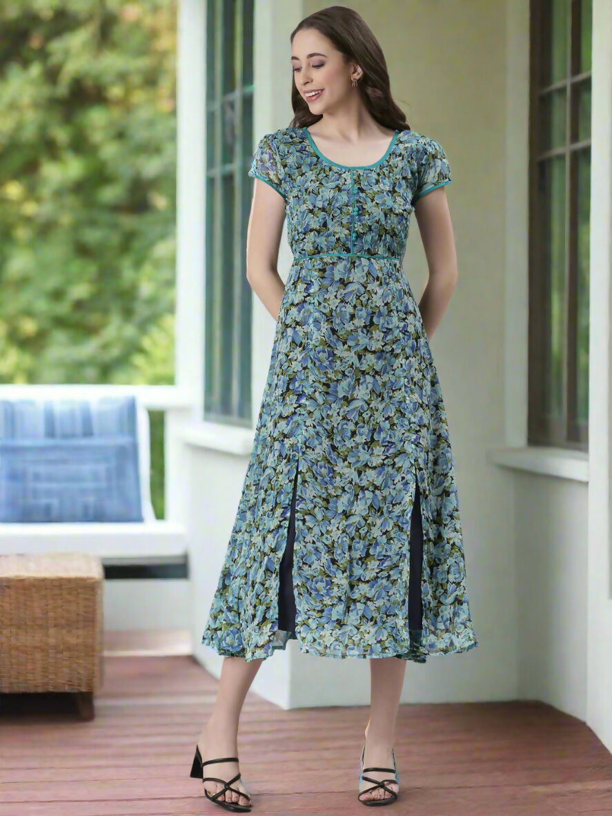 Souchii Teal & Blue Floral Printed Fit & Flare Dress