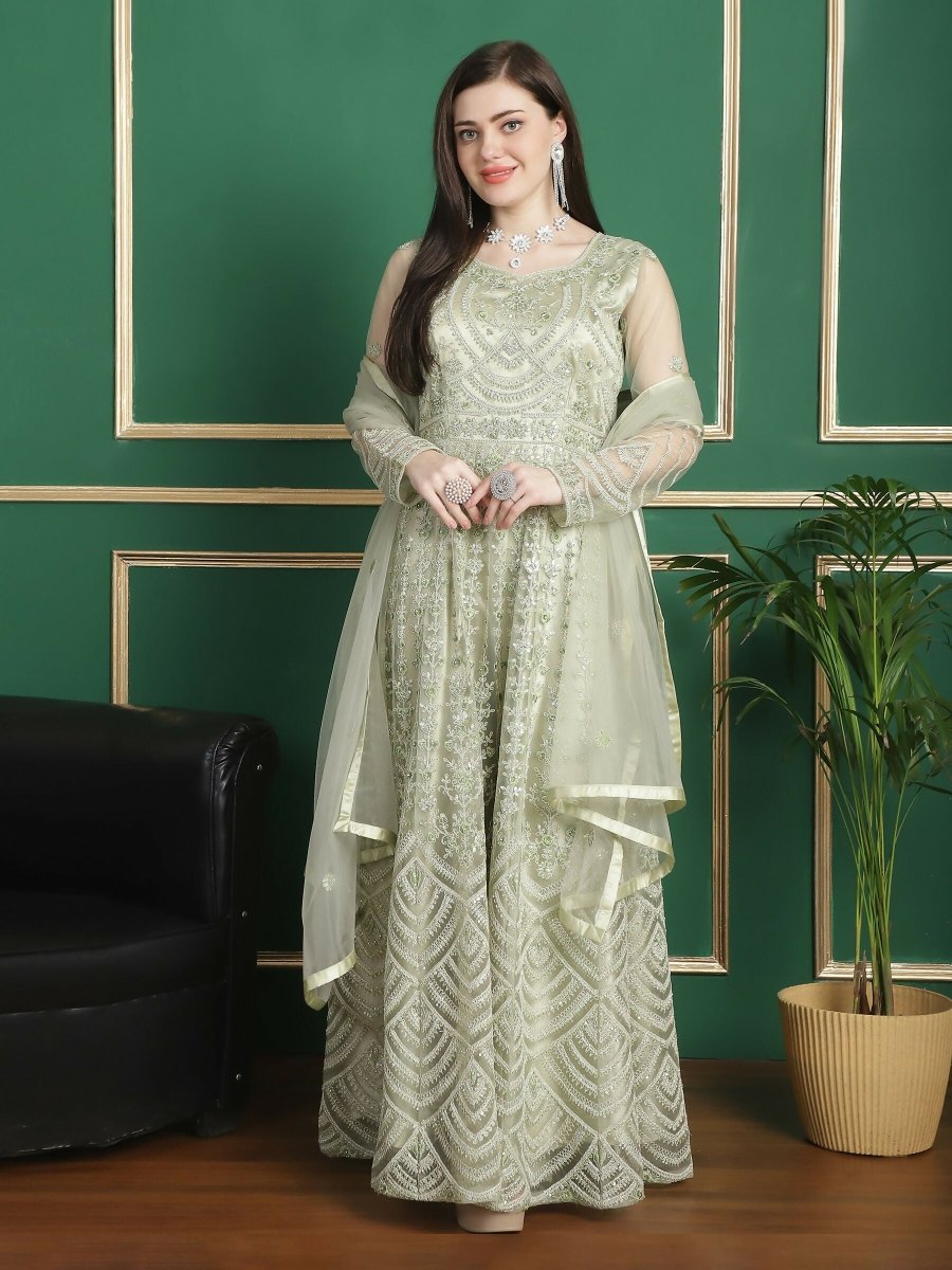 Aastha Fashion Women's Pista Green Net Floral Resham Thread with Cording & Crystal work Anarkali Dress Set - Distacart