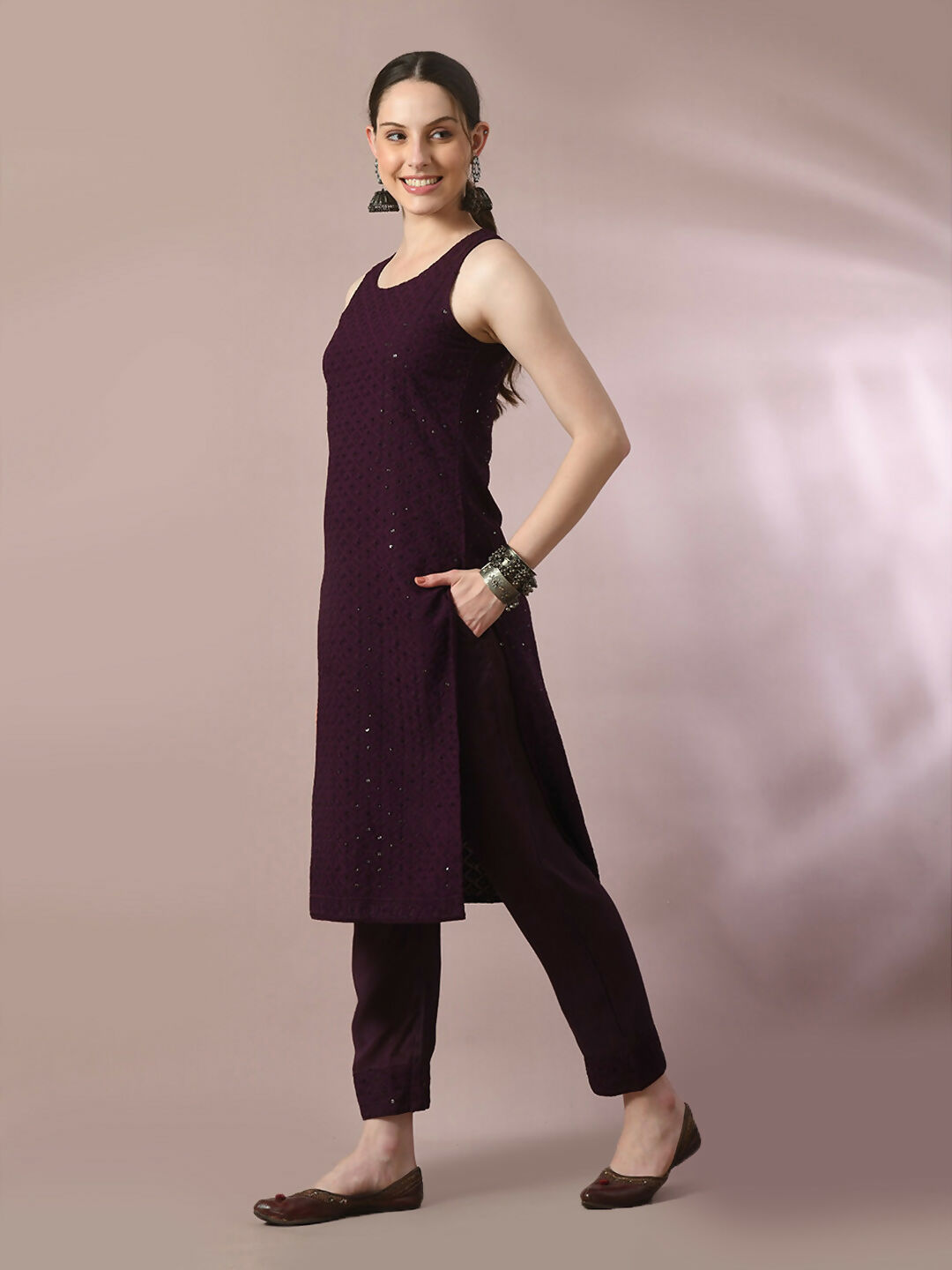 Myshka Women's Magenta Embroidered Cotton Straight Party Kurta Set - Distacart
