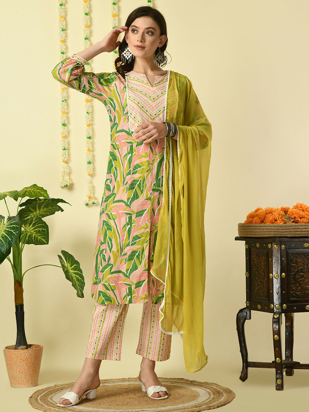 Myshka Women's Multi Pure Cotton Kurta & Palazzos With Dupatta Party Sets - Distacart