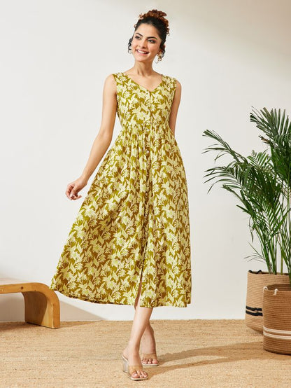 Janasya Olive A-Line Cotton Dress - Dista
