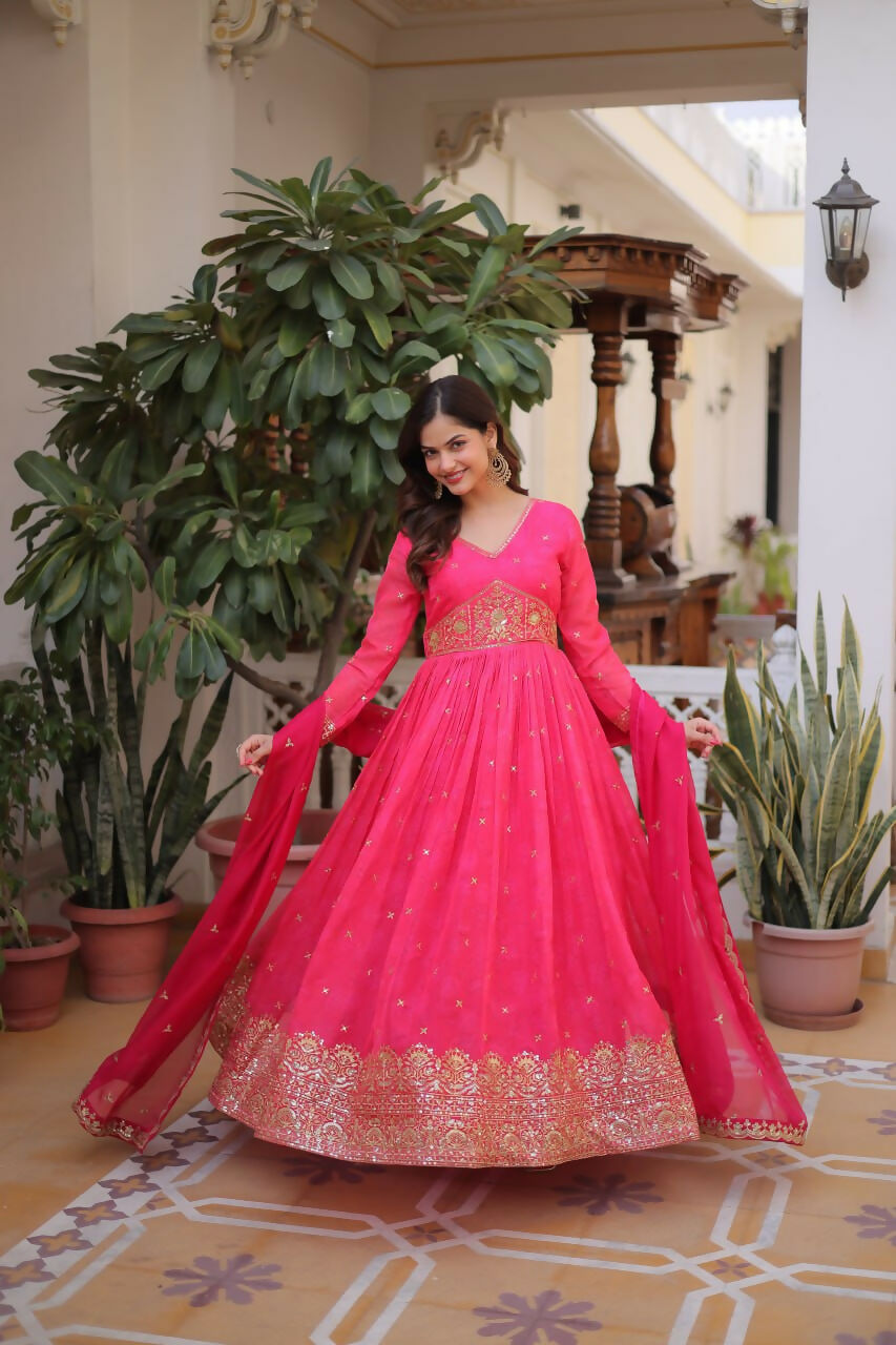Teeya Creation Womens New Trending Digital Printed Russian Silk With Embroidery Zari Sequins-Work Gown Set - Dista