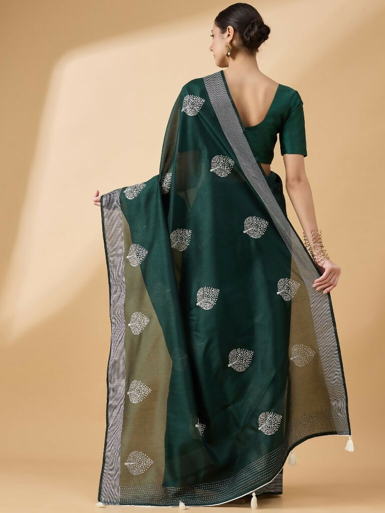 Green Cotton Blend Thread Embroidered Saree with Unstitched Blouse - Satya - Distacart