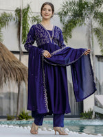 Thumbnail for The52 Blue Women's Beautiful Embroidered Vichitra Silk Fabric with Flared Kurta, Pant and Dupatta Set - Distacart