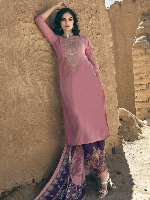 Aastha Fashion Women's Pink Velvet Embroidered Kurta with Trouser & Dupatta - Distacart