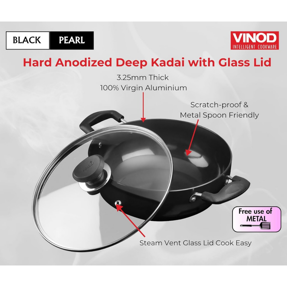 Vinod Black Pearl Hard Anodised Non Stick Deep Kadhai with Glass Lid - Dista