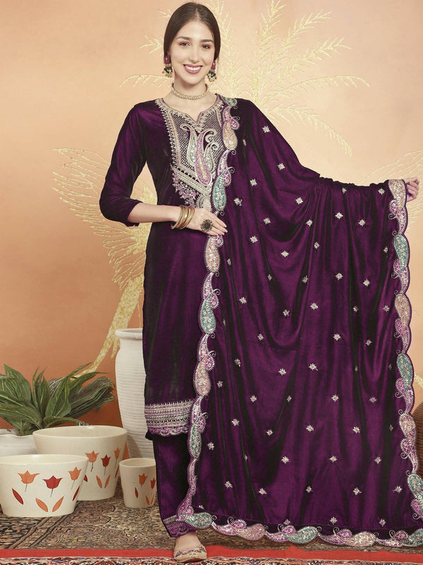 Aastha Fashion Women's Wine Velvet Cording with Resham Thread & Sequin Kurta with Trouser & Dupatta - Distacart