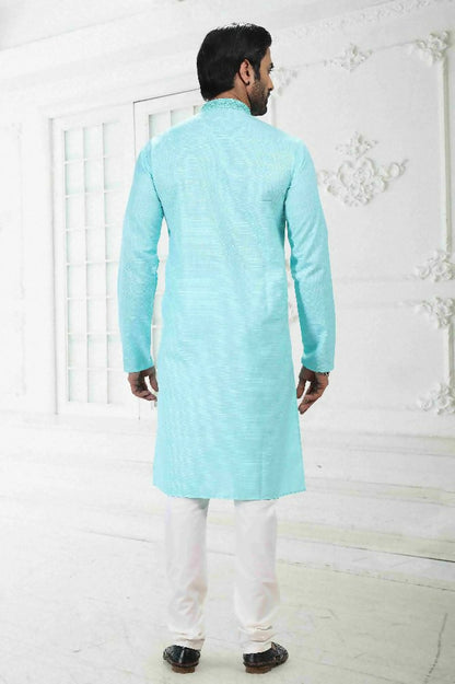 Raivat Ethnic Linen Cotton Thread Work Kurta Pajama In Sky Blue Colour - Dista