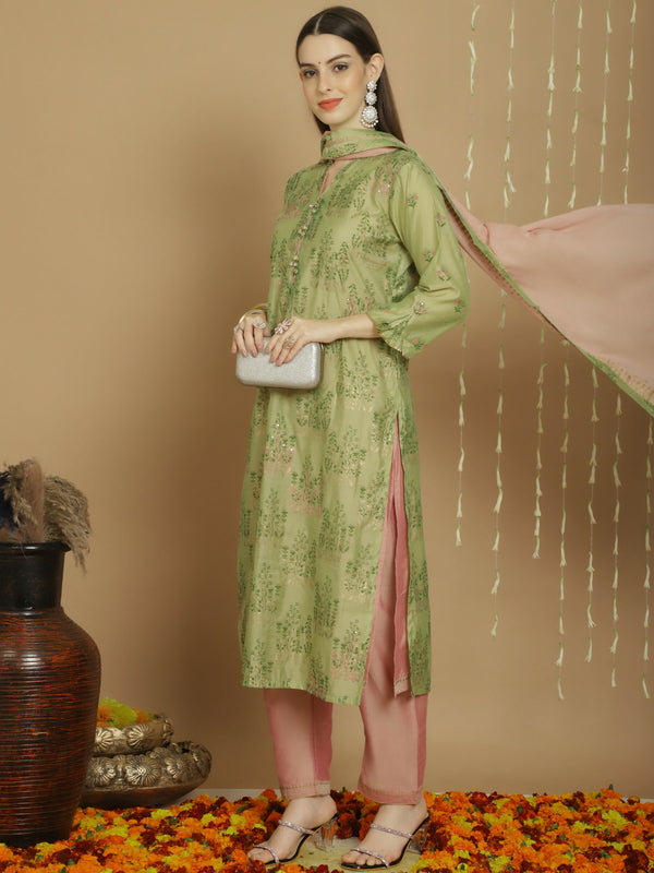 Jyoti Fashion Women's Green Chanderi Silk Elegant Jardoshi Semi Kurta with Trouser & Dupatta - Distacart